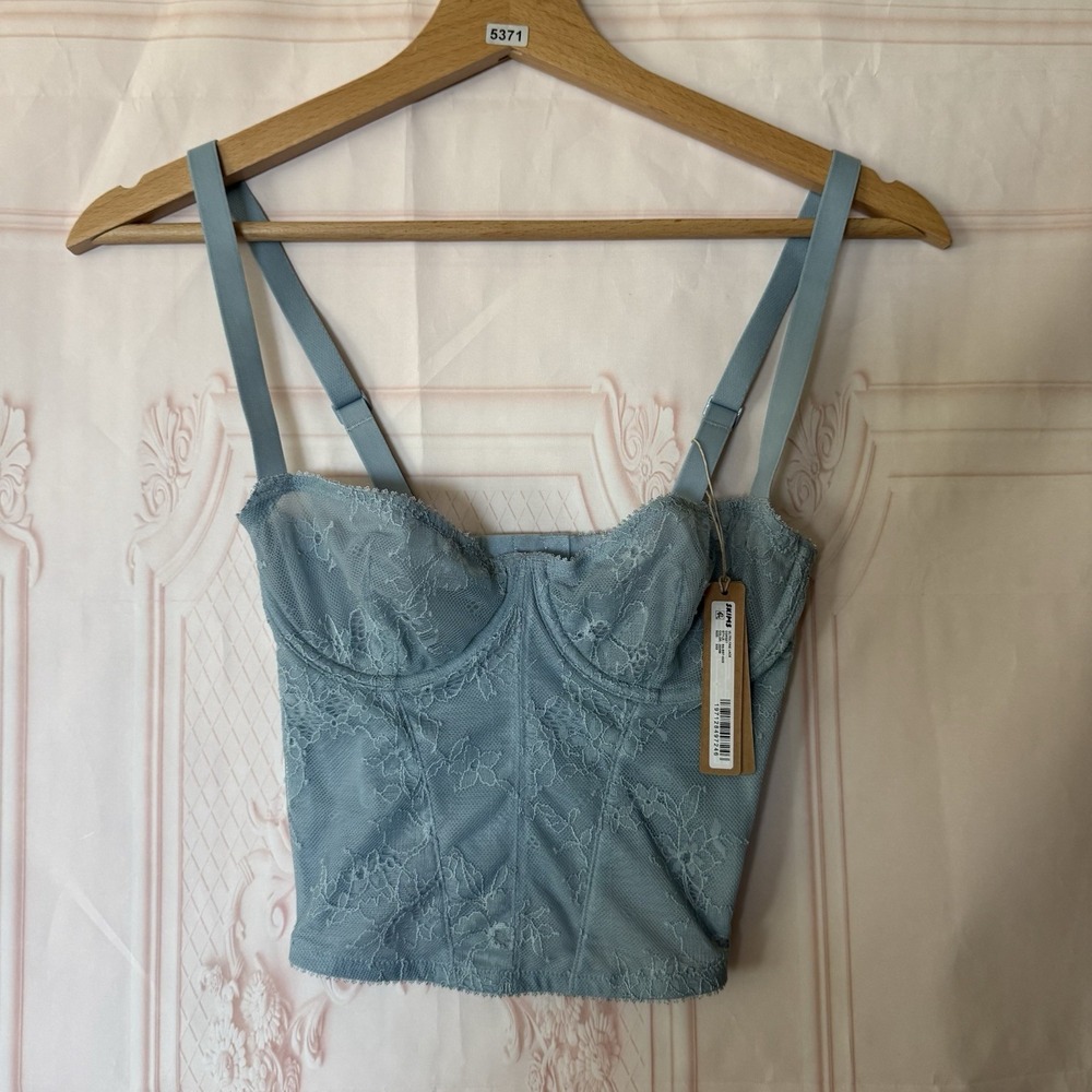 Skims Ultra Fine Lace Corset In Denim Blue Size XXS NWT